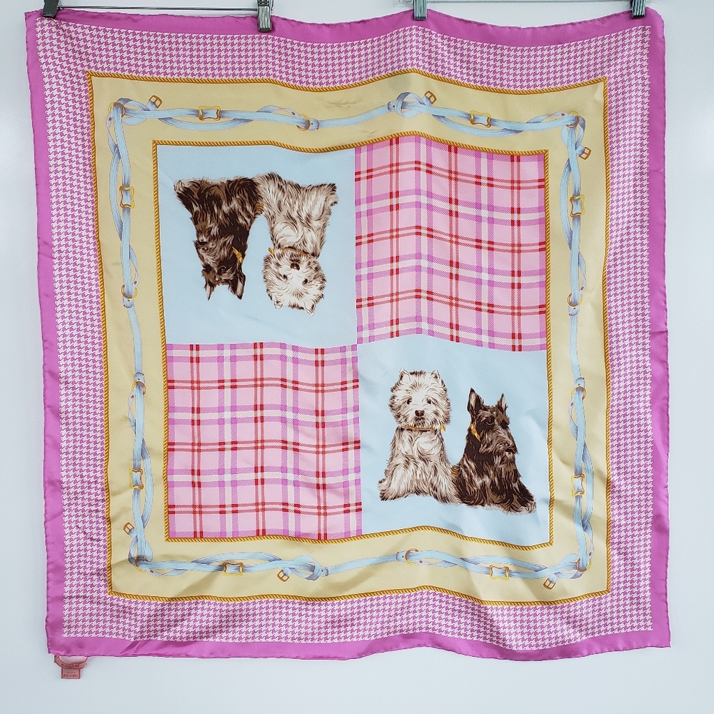 COCHNI Silk Pink Scarf Dogs Houndstooth & Plaid